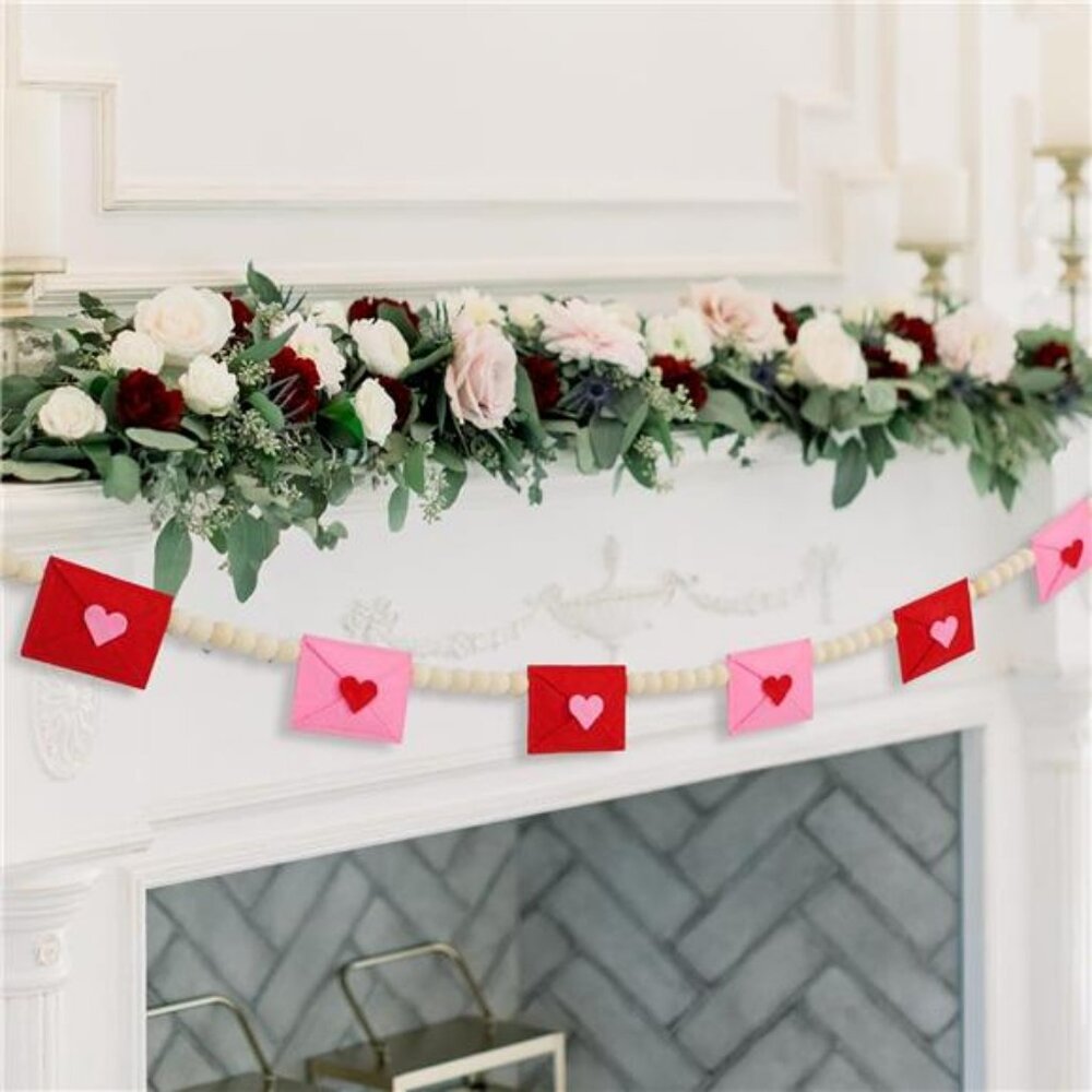 Garland Retro Valentines Day Decor Felt Envelope Wood Bead Valentines Garland